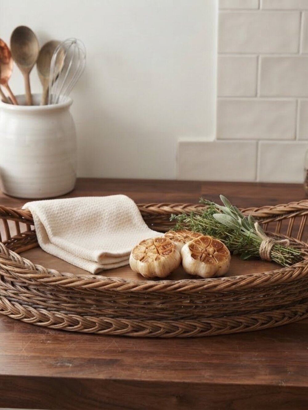 Vintage Oval Wicker Serving Tray with Wooden Base, 20 x 14 inches
